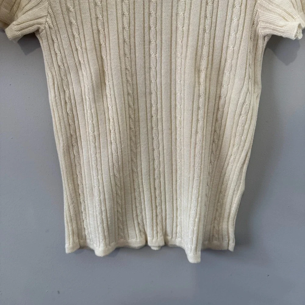 Liz Claiborne Sweater Womens Medium Cream‎ Rib Cable-Knit Short Sleeve Classic